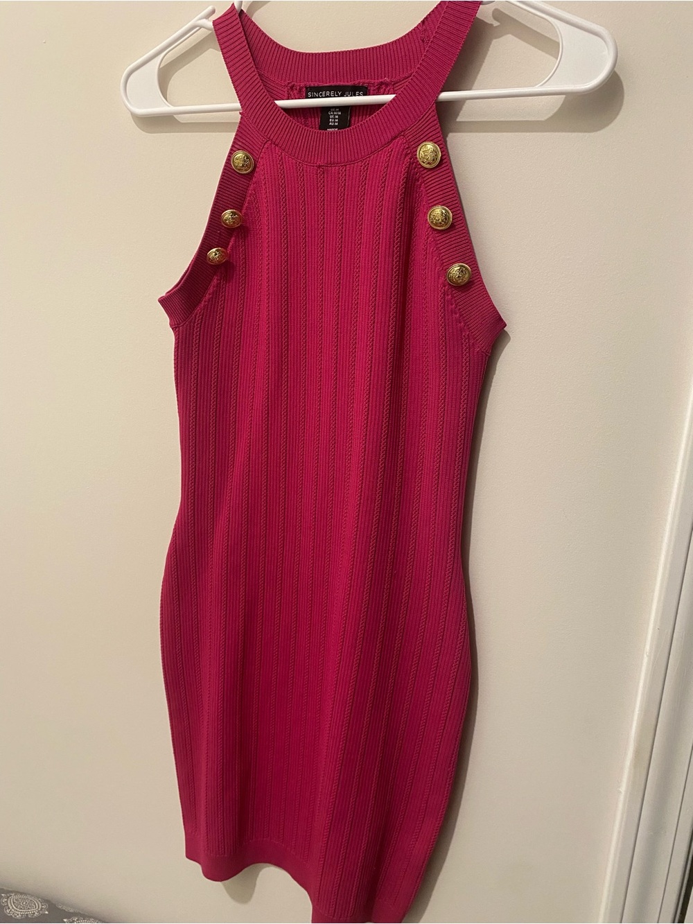 Sincerely Jules Hot Pink Ribbed Sweater Dress with Gold Buttons Size S
